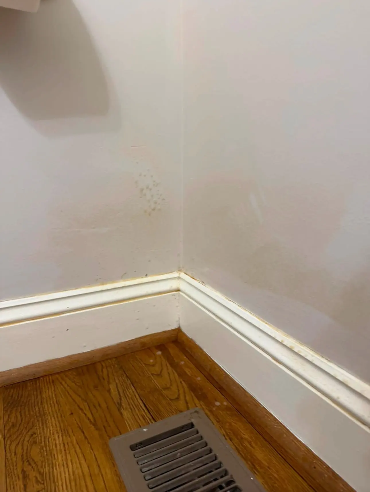 Before: bathroom wall corner and baseboard with brown splatter stains